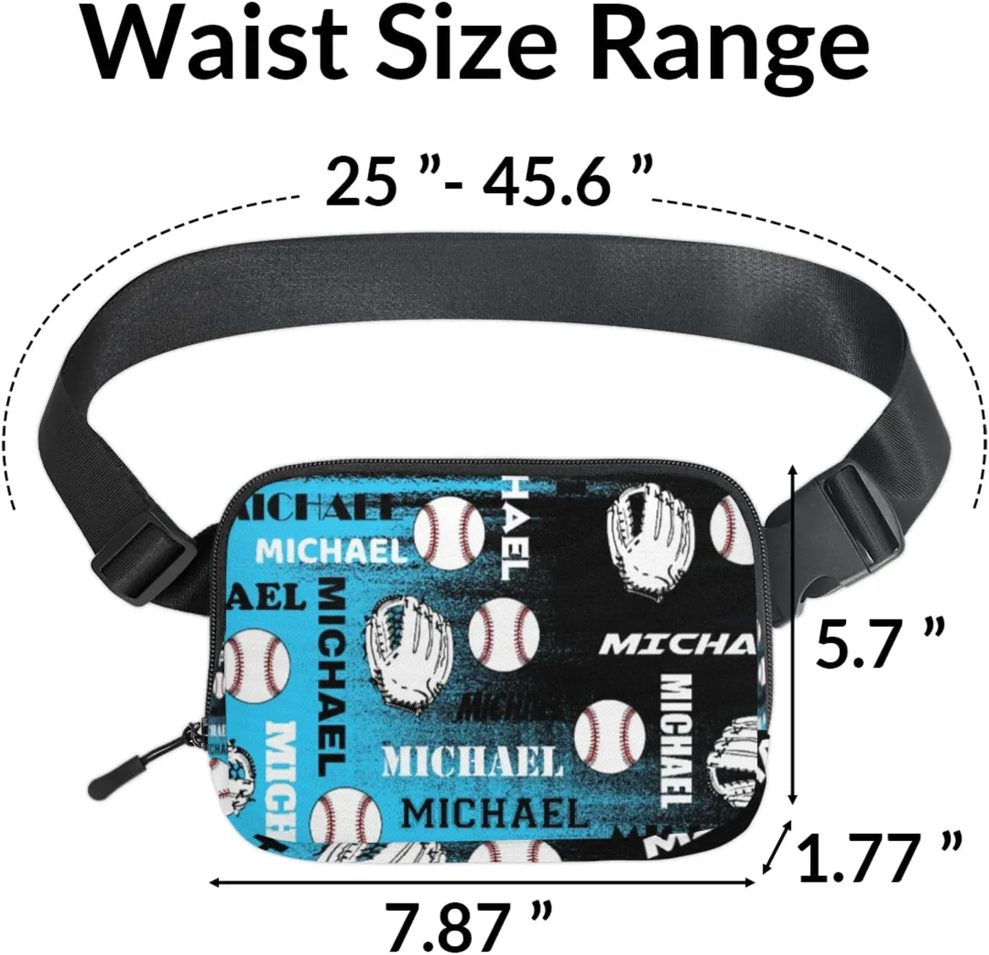 Personalized Baseball Fanny Pack, Custom Name Waist Packs Crossbody Belt Bag with Adjustable Strap for Sports Travel Workout Running Hiking, Blue Black Print