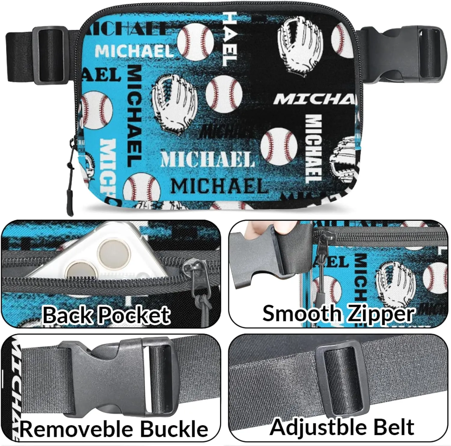 Personalized Baseball Fanny Pack, Custom Name Waist Packs Crossbody Belt Bag with Adjustable Strap for Sports Travel Workout Running Hiking, Blue Black Print