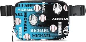 Personalized Baseball Fanny Pack, Custom Name Waist Packs Crossbody Belt Bag with Adjustable Strap for Sports Travel Workout Running Hiking, Blue Black Print