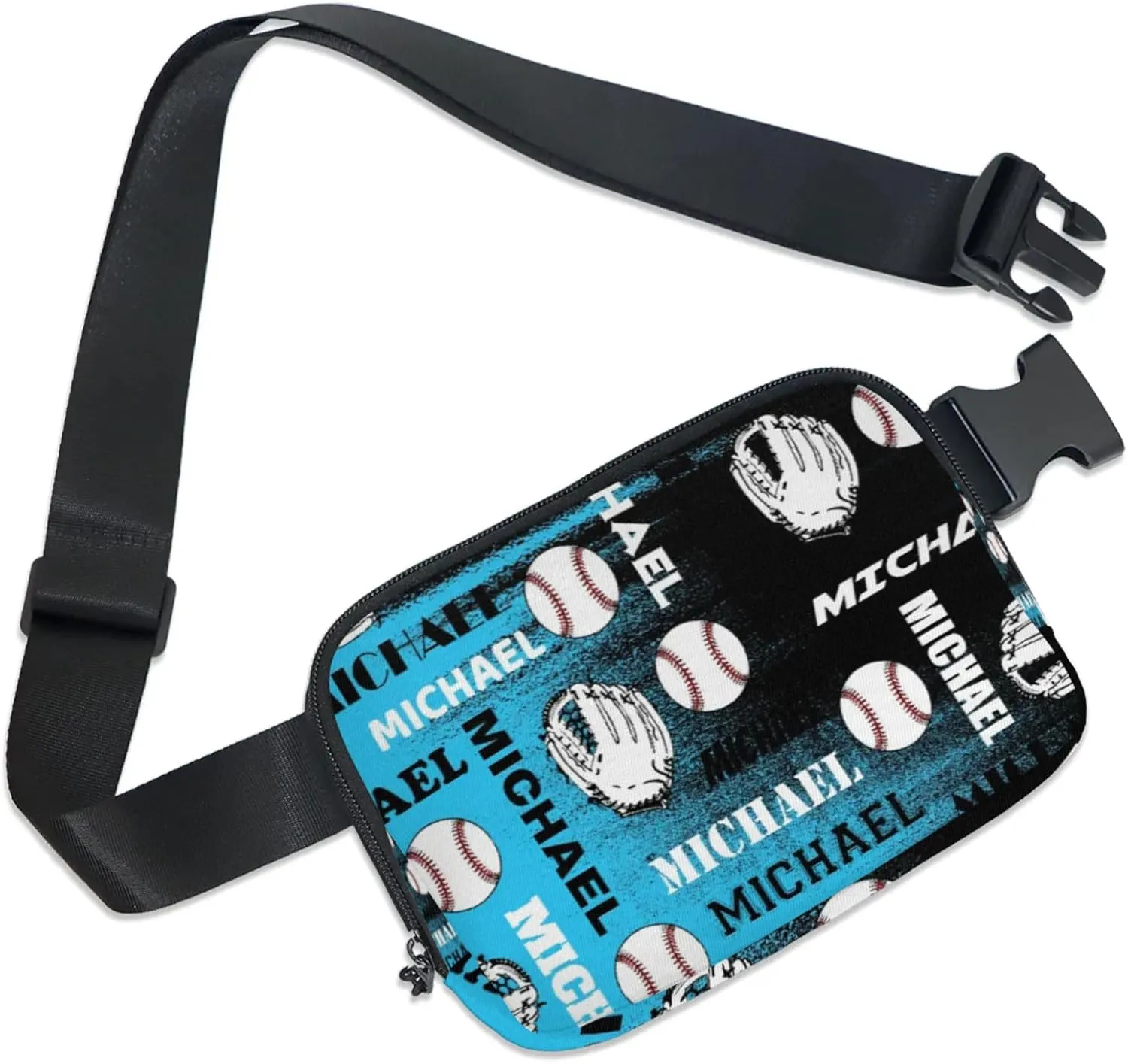 Personalized Baseball Fanny Pack, Custom Name Waist Packs Crossbody Belt Bag with Adjustable Strap for Sports Travel Workout Running Hiking, Blue Black Print
