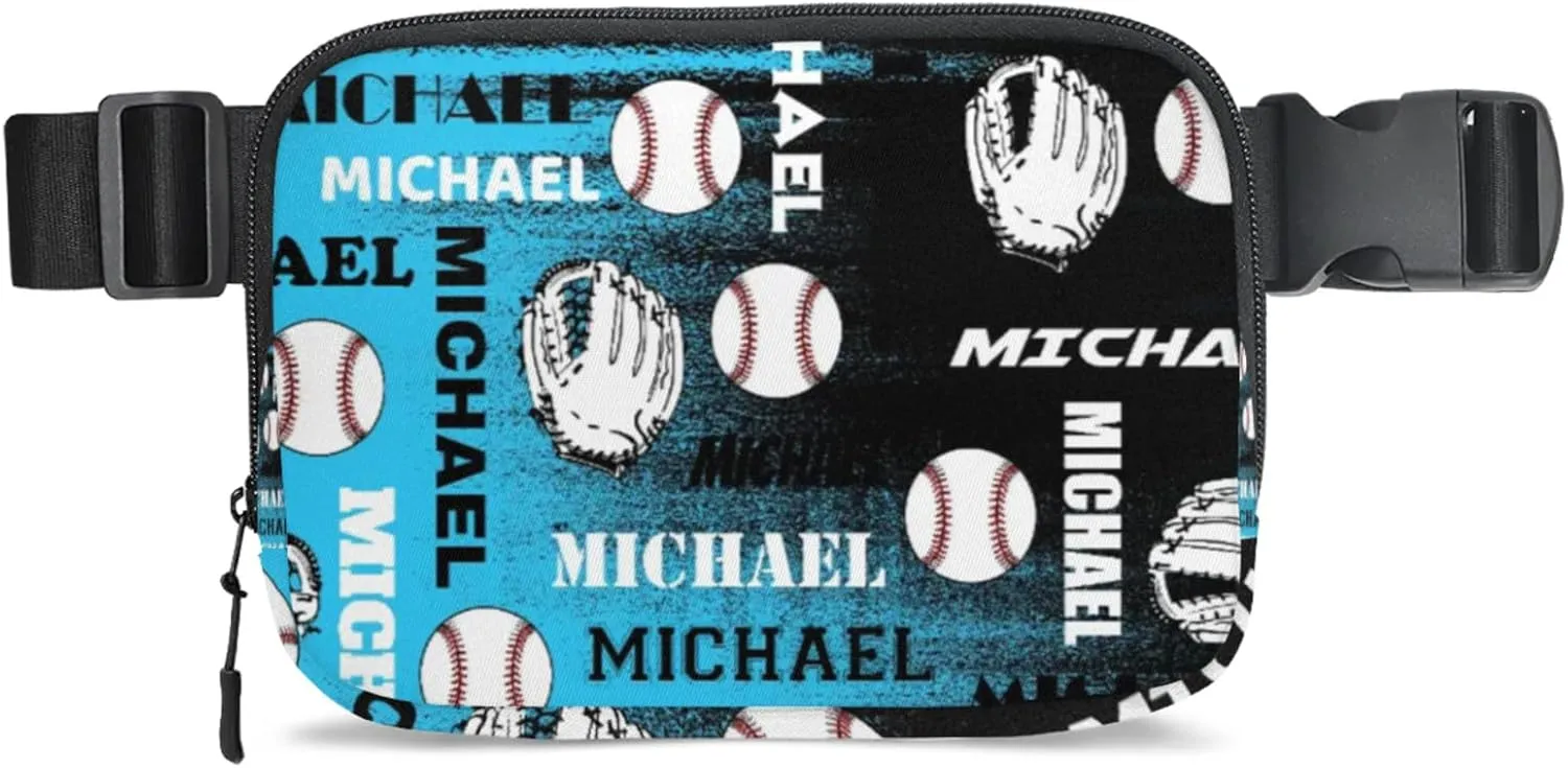 Personalized Baseball Fanny Pack, Custom Name Waist Packs Crossbody Belt Bag with Adjustable Strap for Sports Travel Workout Running Hiking, Blue Black Print