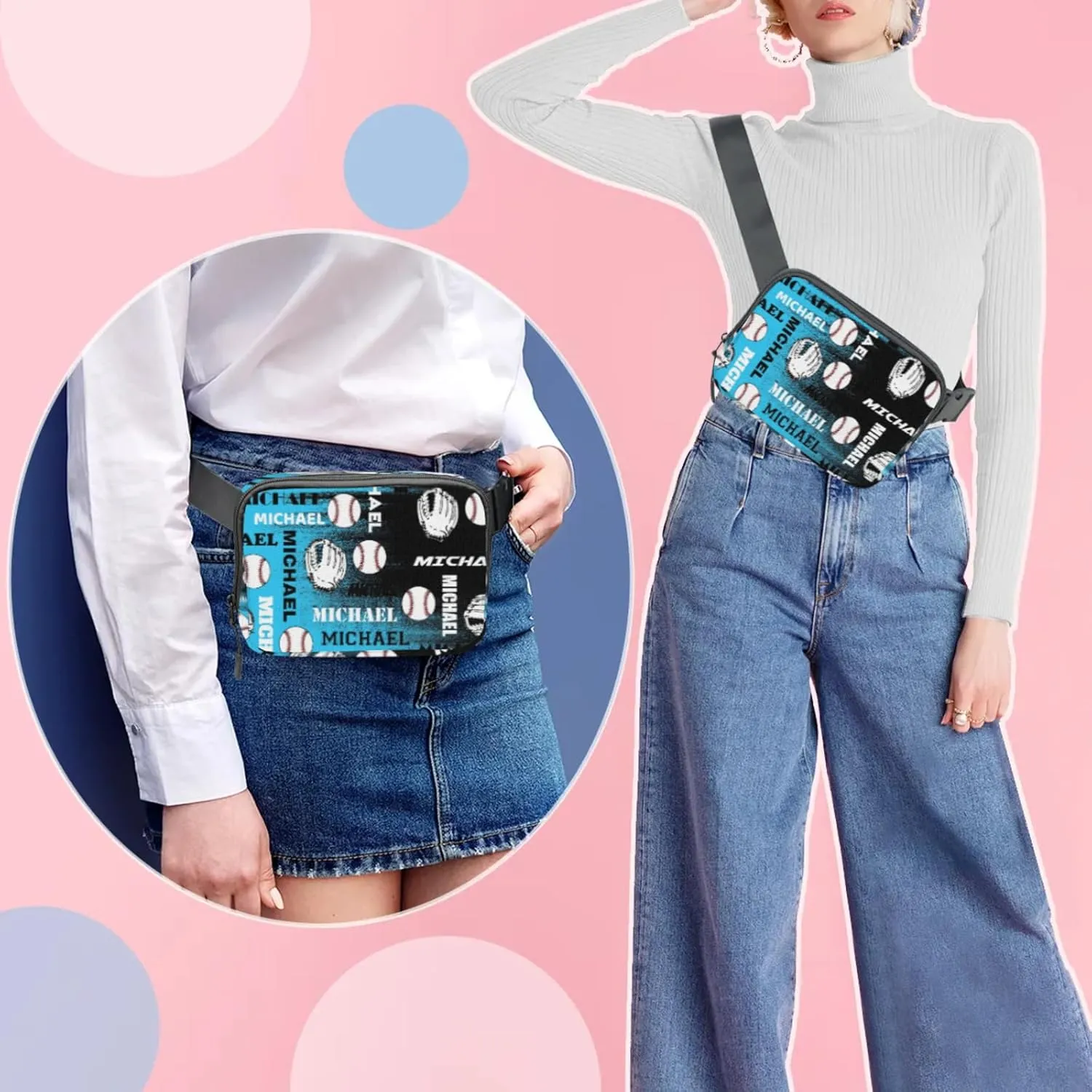 Personalized Baseball Fanny Pack, Custom Name Waist Packs Crossbody Belt Bag with Adjustable Strap for Sports Travel Workout Running Hiking, Blue Black Print