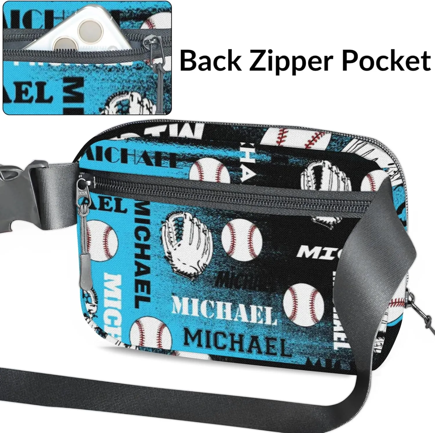 Personalized Baseball Fanny Pack, Custom Name Waist Packs Crossbody Belt Bag with Adjustable Strap for Sports Travel Workout Running Hiking, Blue Black Print
