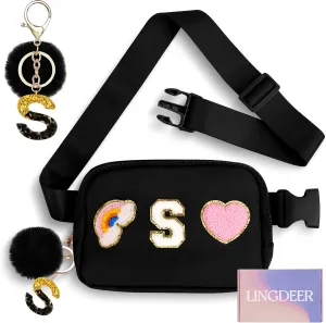 Personalized Belt Bag with Keychain, Fanny Pack for Girls Women, Initial Birthday Gifts for Teen Girls Mom Crossbody Bag Small Waist Packs Travel Essential Preppy Gifts (Black S)