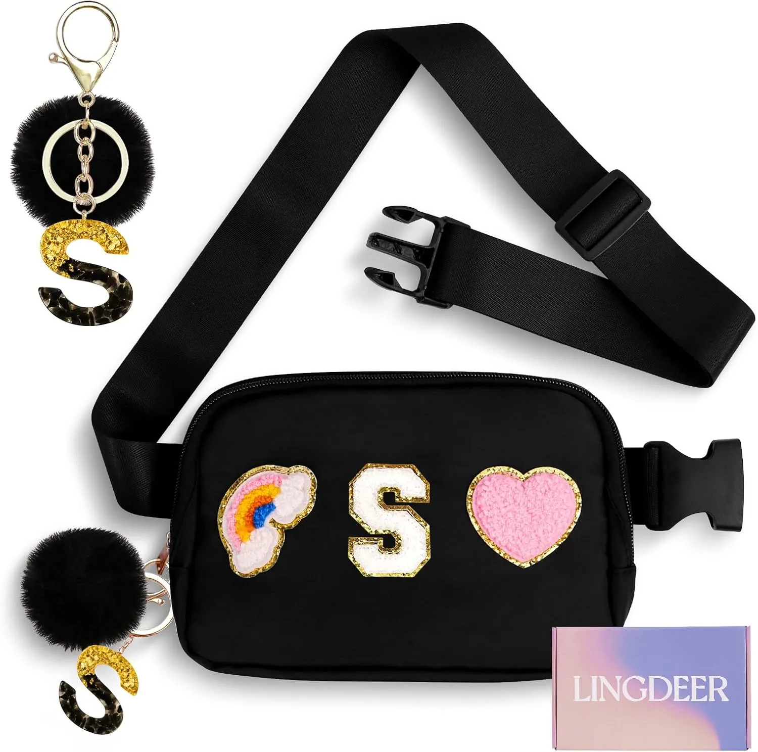 Personalized Belt Bag with Keychain, Fanny Pack for Girls Women, Initial Birthday Gifts for Teen Girls Mom Crossbody Bag Small Waist Packs Travel Essential Preppy Gifts (Black S)