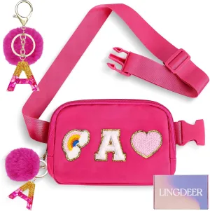 Personalized Belt Bag with Keychain, Fanny Pack for Girls Women, Initial Birthday Gifts for Teen Girls Mom Crossbody Bag Small Waist Packs Travel Essential Preppy Gifts (Hot Pink A)