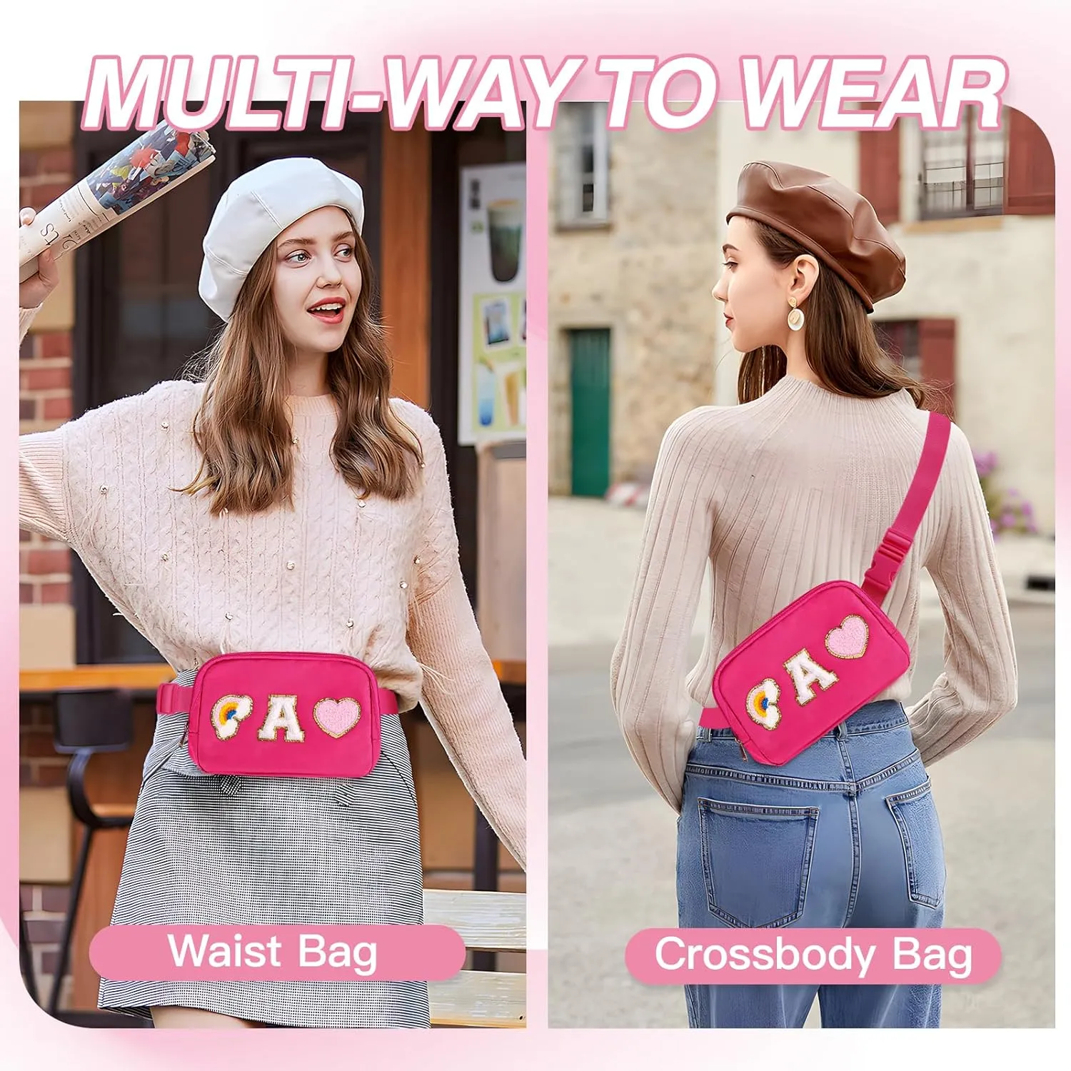 Personalized Belt Bag with Keychain, Fanny Pack for Girls Women, Initial Birthday Gifts for Teen Girls Mom Crossbody Bag Small Waist Packs Travel Essential Preppy Gifts (Hot Pink A)