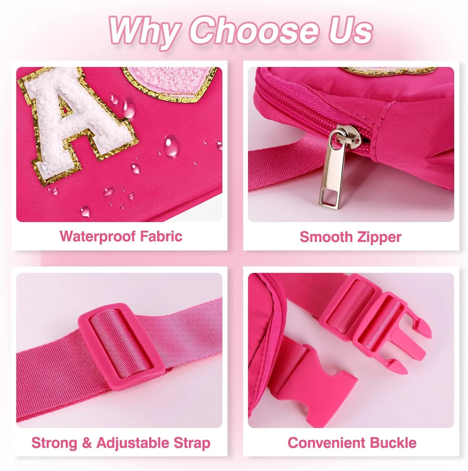 Personalized Belt Bag with Keychain, Fanny Pack for Girls Women, Initial Birthday Gifts for Teen Girls Mom Crossbody Bag Small Waist Packs Travel Essential Preppy Gifts (Hot Pink A)
