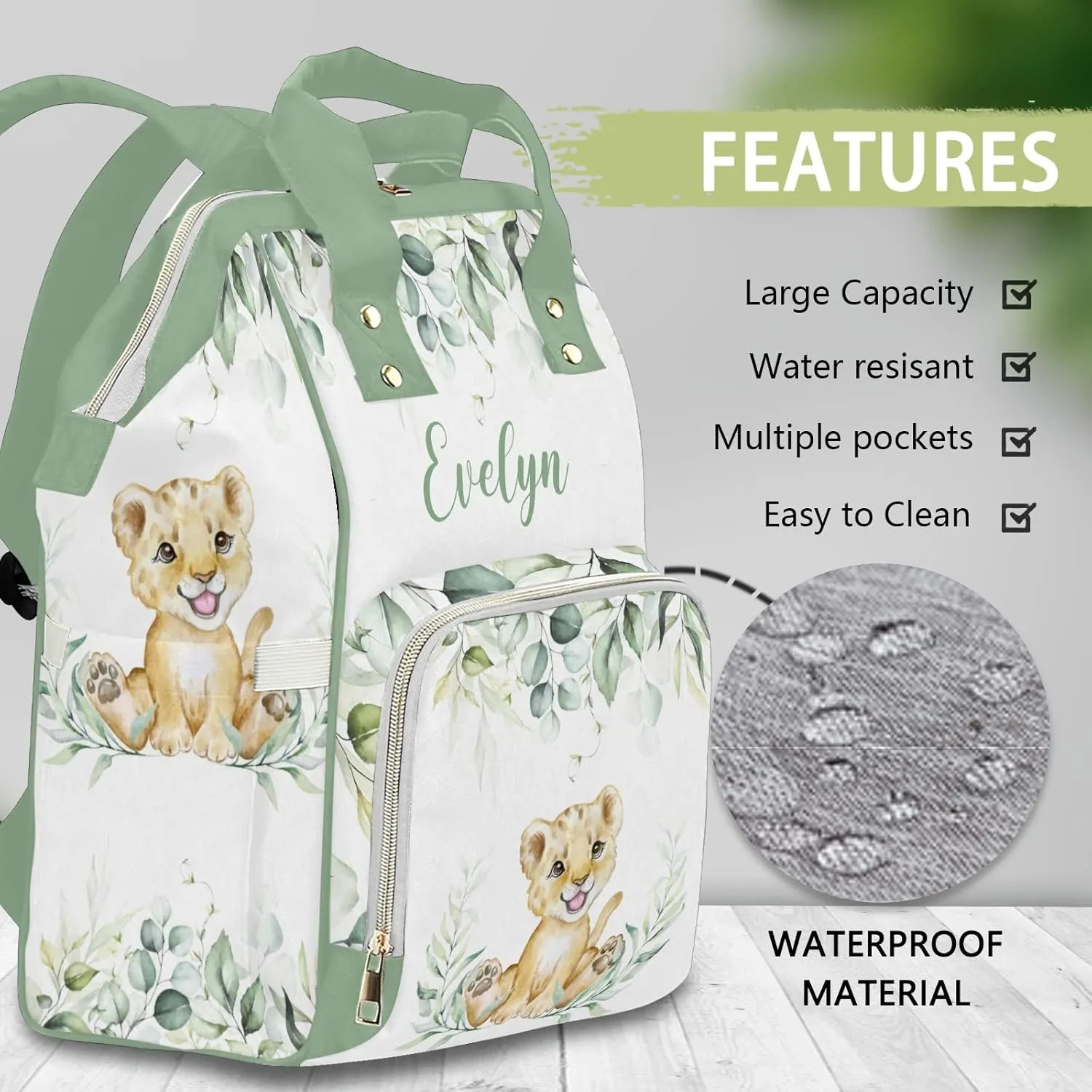 Personalized Diaper Bag Backpack Tote,Greenery Leaves Lion,Custom Diaper Bags for Shower Gift