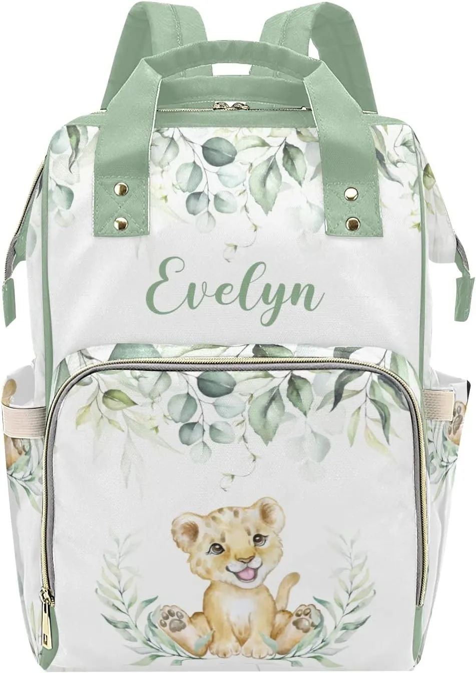 Personalized Diaper Bag Backpack Tote,Greenery Leaves Lion,Custom Diaper Bags for Shower Gift