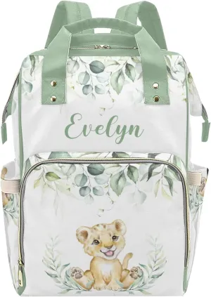 Personalized Diaper Bag Backpack Tote,Greenery Leaves Lion,Custom Diaper Bags for Shower Gift