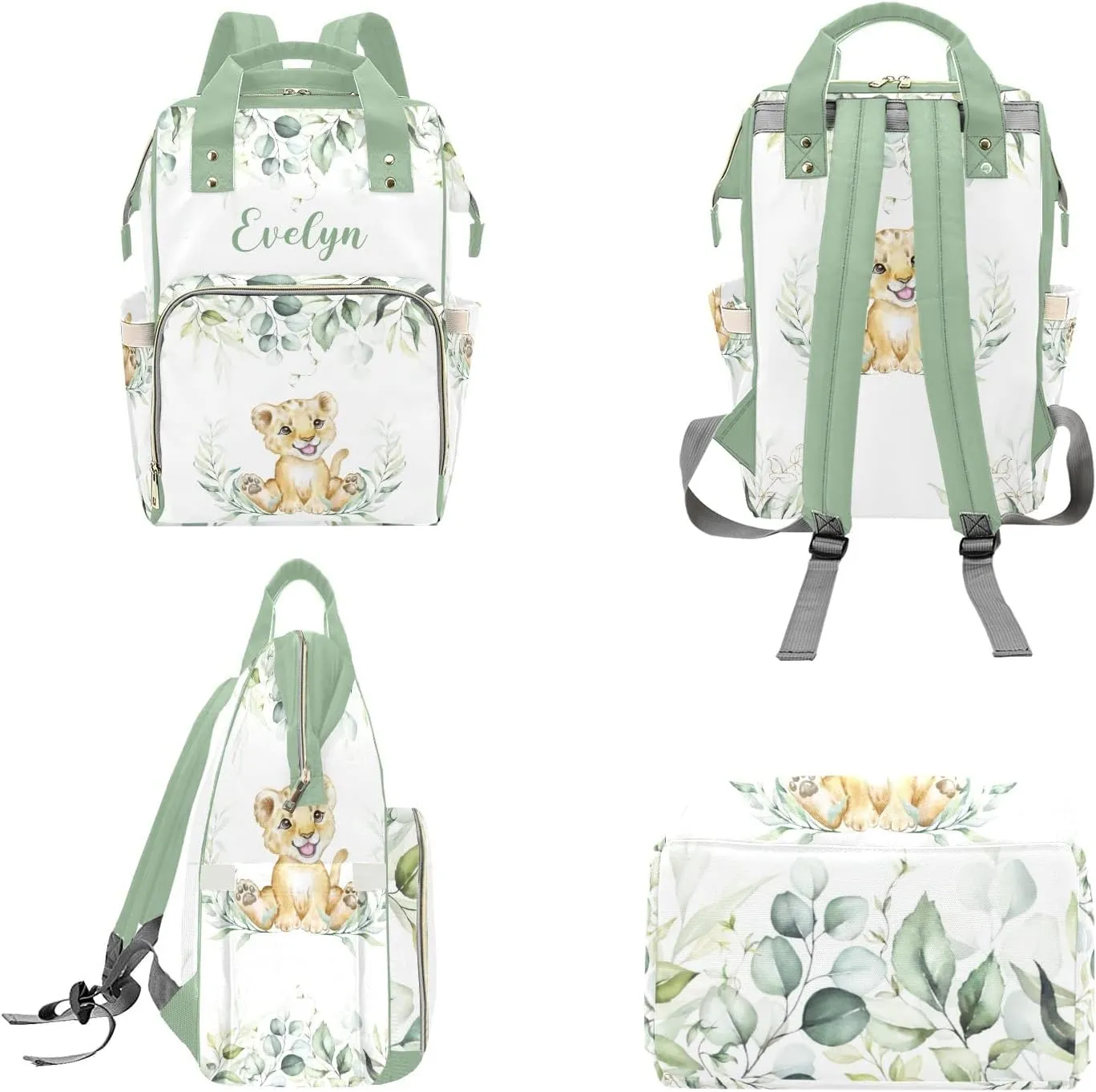 Personalized Diaper Bag Backpack Tote,Greenery Leaves Lion,Custom Diaper Bags for Shower Gift