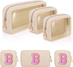 Personalized Initial Clear Bags Set, Clear Cosmetic Bags,Make Up Pouches, Clear Pouch for Organization, Clear Toiletry Travel Bag,Gifts for Women (B, Pearl White (2 Mini 1 Large))
