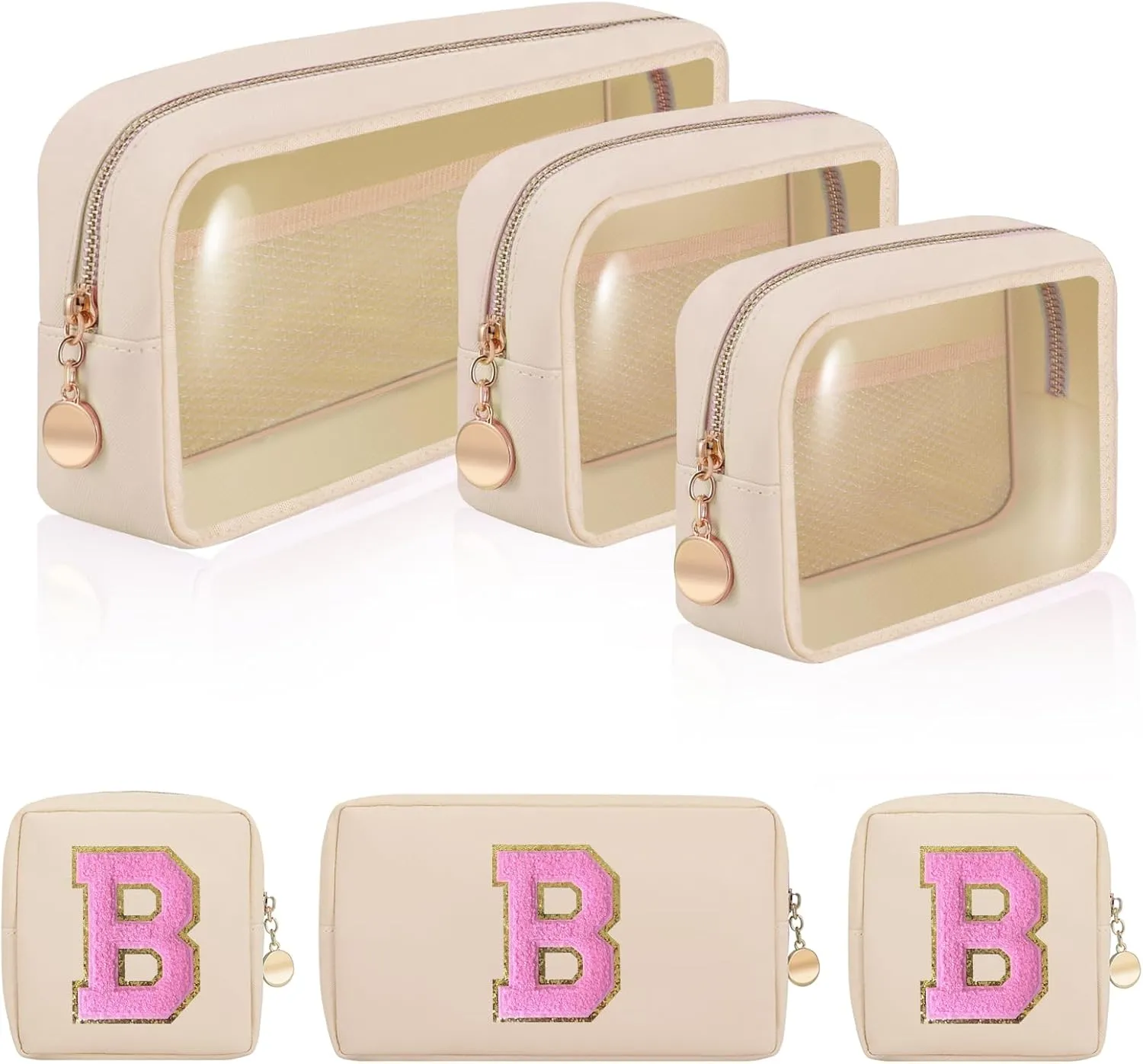 Personalized Initial Clear Bags Set, Clear Cosmetic Bags,Make Up Pouches, Clear Pouch for Organization, Clear Toiletry Travel Bag,Gifts for Women (B, Pearl White (2 Mini 1 Large))