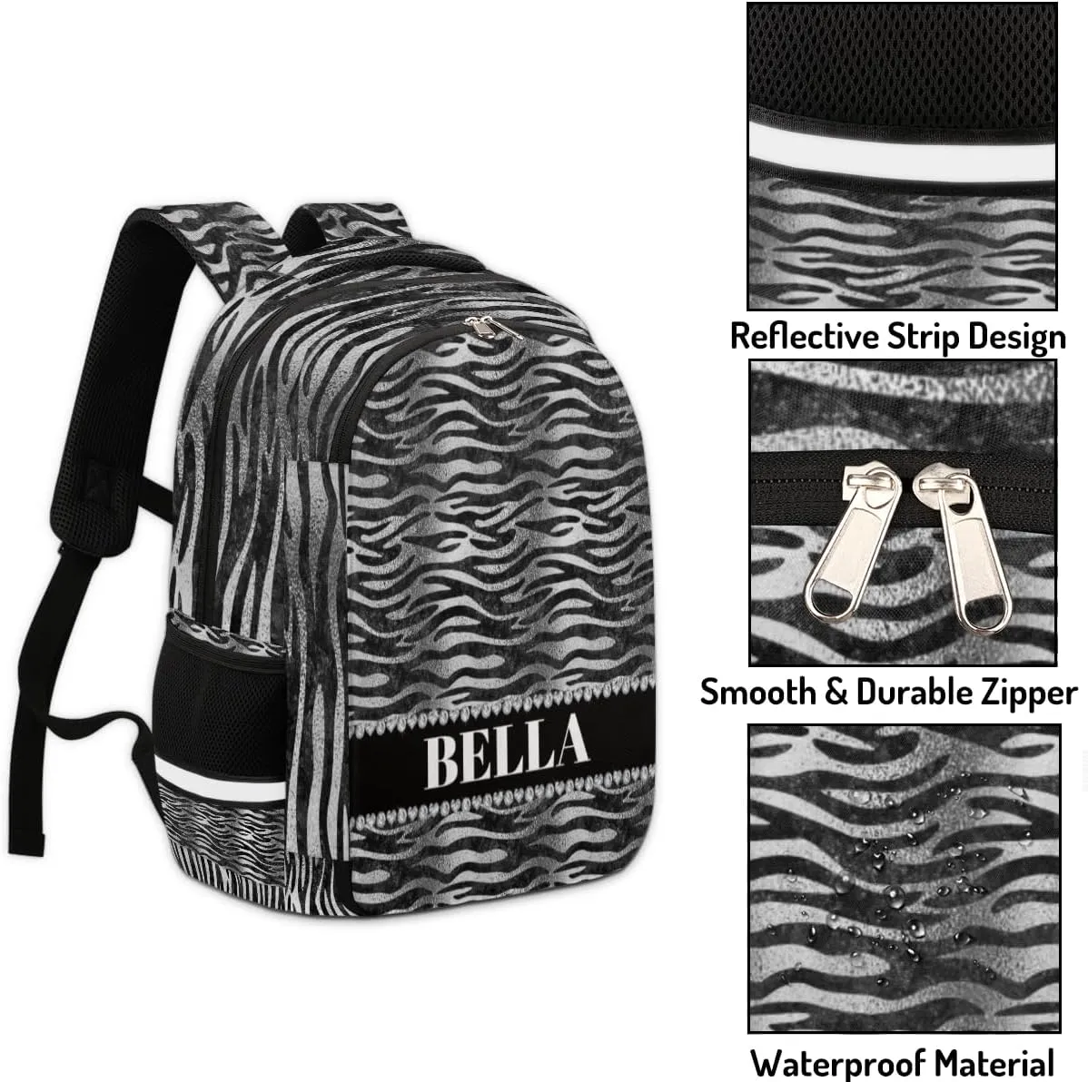 Personalized Kids Backpack Custom Backpack Schoolbag Children Bookbag for Boys & Girls Black Faux Zebra Stripes