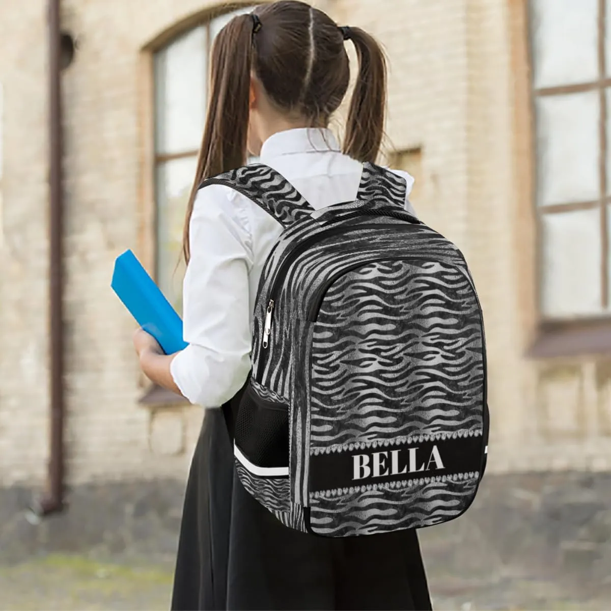 Personalized Kids Backpack Custom Backpack Schoolbag Children Bookbag for Boys & Girls Black Faux Zebra Stripes