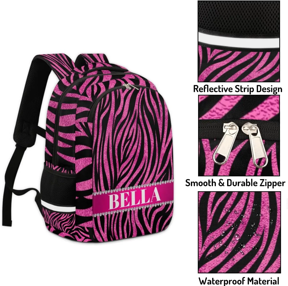 Personalized Kids Backpack Custom Backpack Schoolbag Children Bookbag for Boys & Girls Zebra Hot Pink