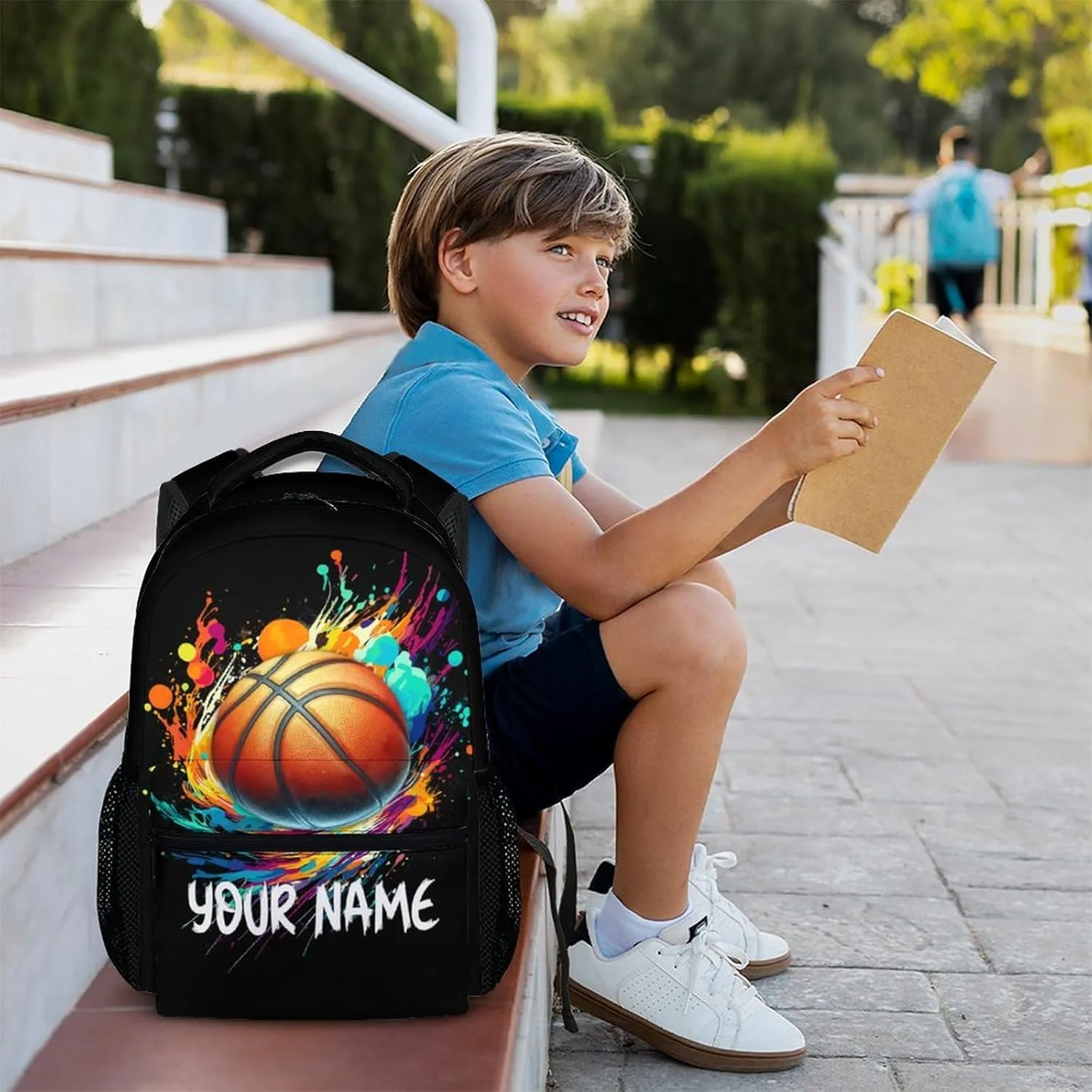 Personalized Kids School Basketball Backpack for Boys Girls, 16" Black Backpacks for School, Custom Basketball Pattern Large Capacity Bookbag for Preschool