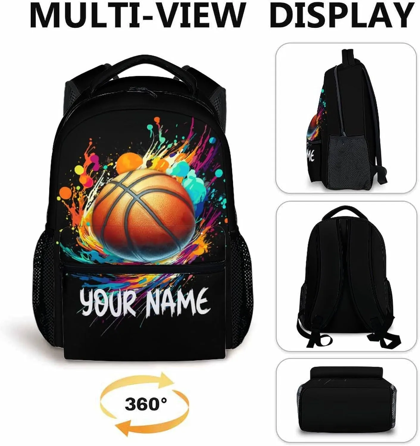 Personalized Kids School Basketball Backpack for Boys Girls, 16" Black Backpacks for School, Custom Basketball Pattern Large Capacity Bookbag for Preschool