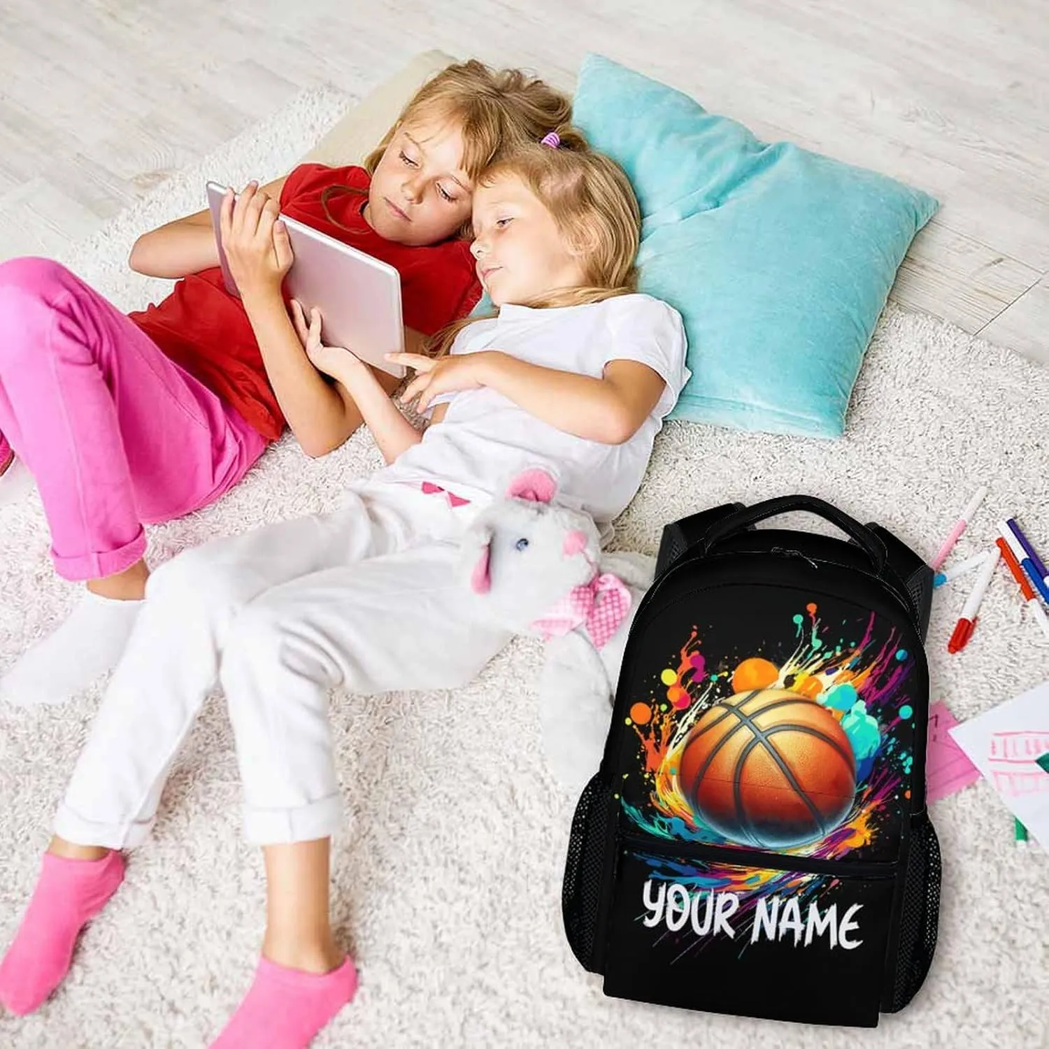 Personalized Kids School Basketball Backpack for Boys Girls, 16" Black Backpacks for School, Custom Basketball Pattern Large Capacity Bookbag for Preschool