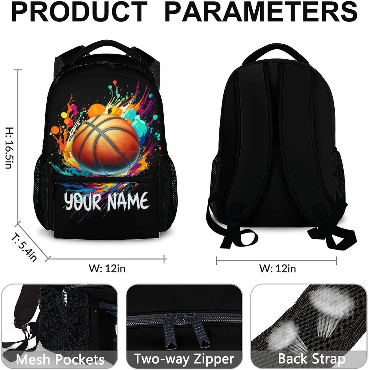 Personalized Kids School Basketball Backpack for Boys Girls, 16" Black Backpacks for School, Custom Basketball Pattern Large Capacity Bookbag for Preschool
