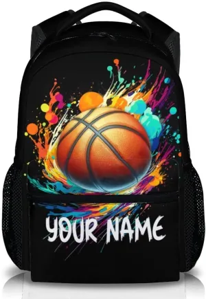 Personalized Kids School Basketball Backpack for Boys Girls, 16" Black Backpacks for School, Custom Basketball Pattern Large Capacity Bookbag for Preschool