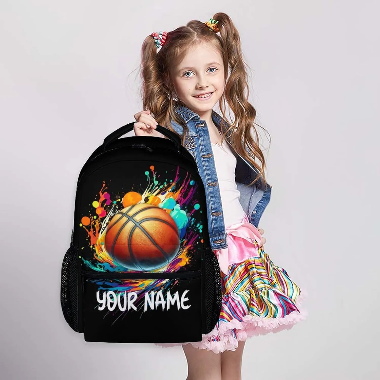 Personalized Kids School Basketball Backpack for Boys Girls, 16" Black Backpacks for School, Custom Basketball Pattern Large Capacity Bookbag for Preschool
