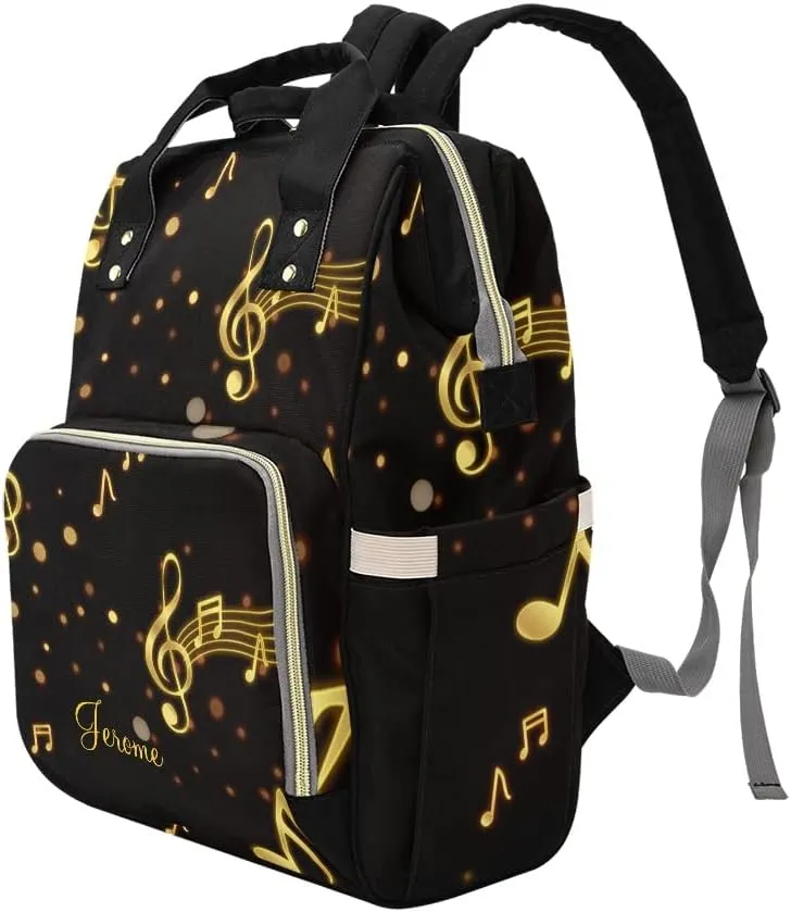 Personalized Name Diaper Bag Backpack Gold Musical Notes Multifunction Travel Backpack Nappy Bag Daypack for Mom Dad Boy Girl
