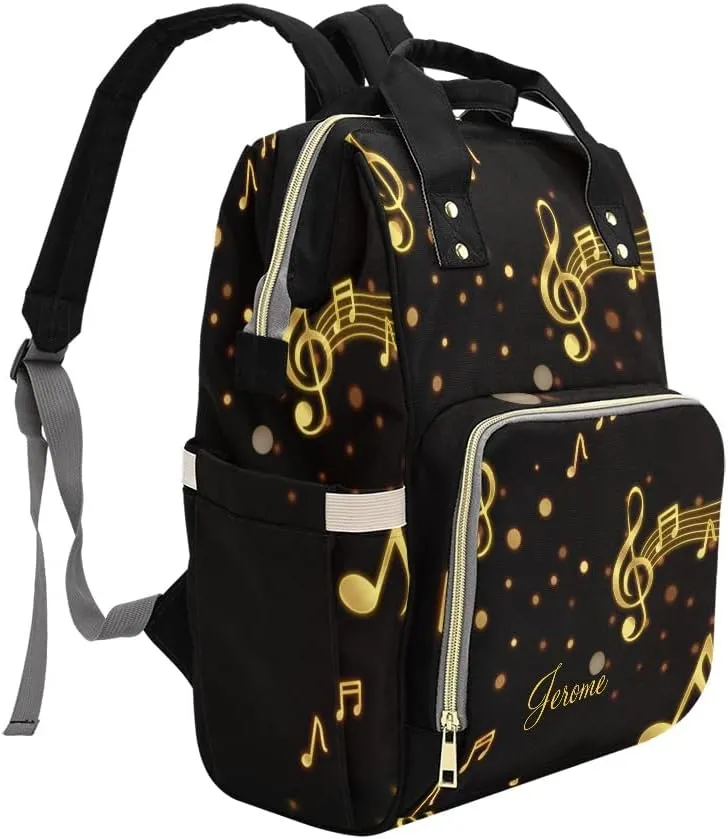 Personalized Name Diaper Bag Backpack Gold Musical Notes Multifunction Travel Backpack Nappy Bag Daypack for Mom Dad Boy Girl