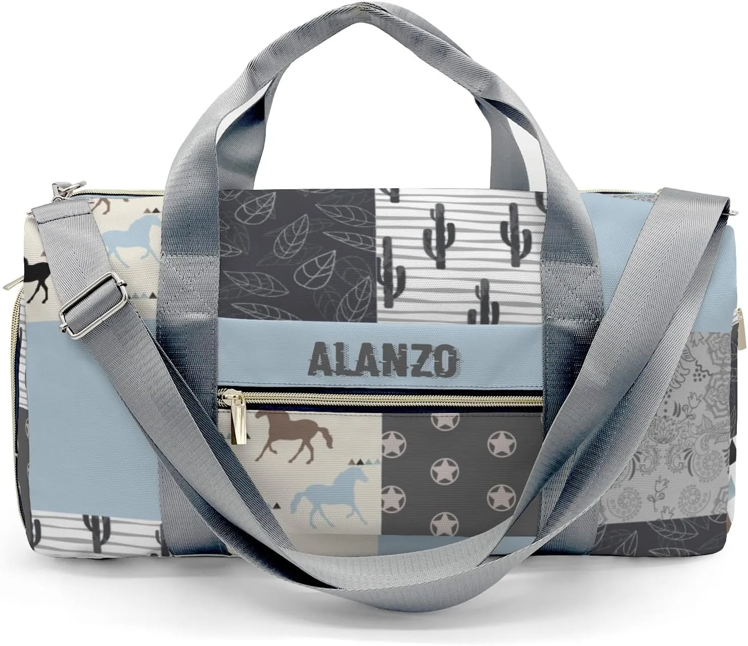 Personalized Name Western Horse Cactus Patchwork Waterproof Travel Duffel Bag for Men and Women with Shoe Compartment