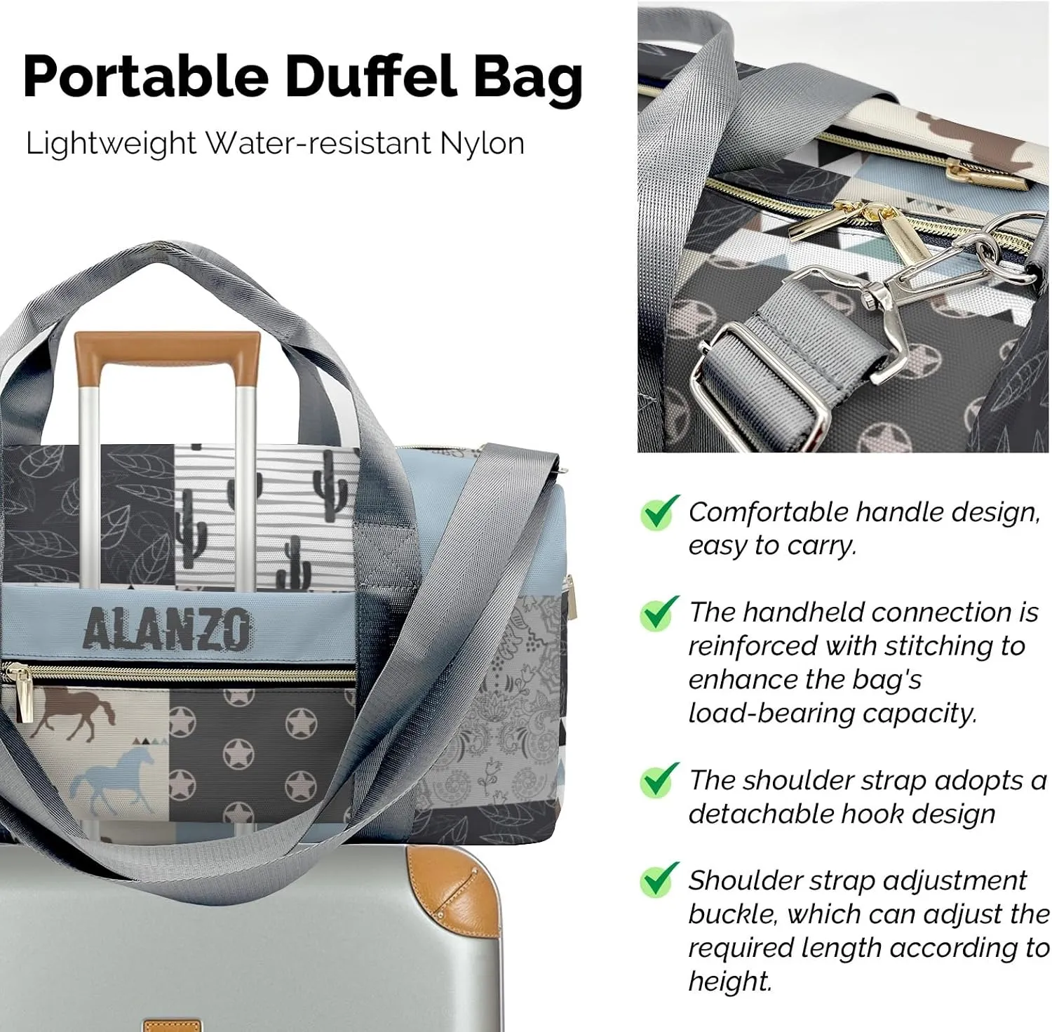 Personalized Name Western Horse Cactus Patchwork Waterproof Travel Duffel Bag for Men and Women with Shoe Compartment