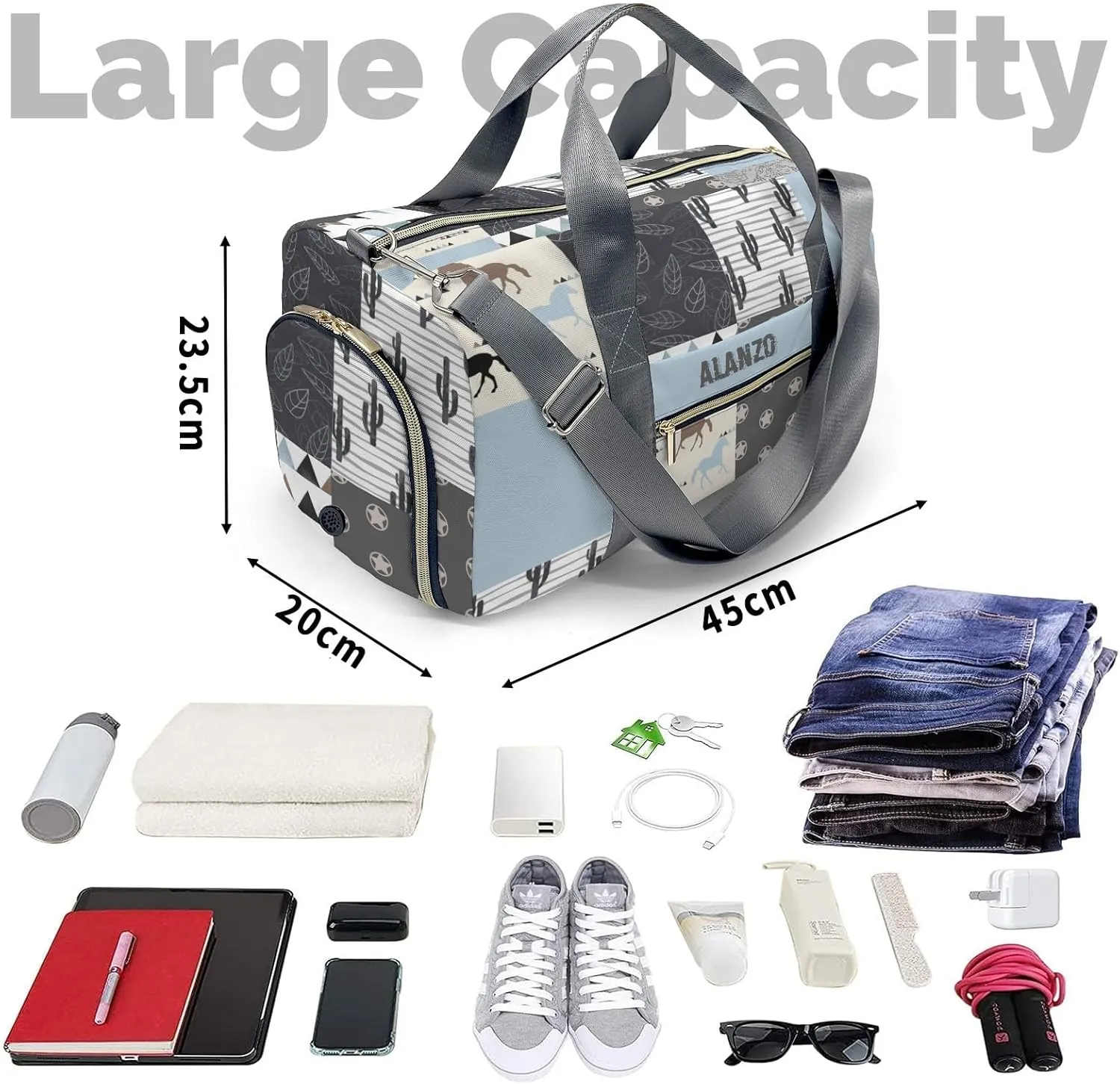 Personalized Name Western Horse Cactus Patchwork Waterproof Travel Duffel Bag for Men and Women with Shoe Compartment
