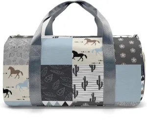 Personalized Name Western Horse Cactus Patchwork Waterproof Travel Duffel Bag for Men and Women with Shoe Compartment