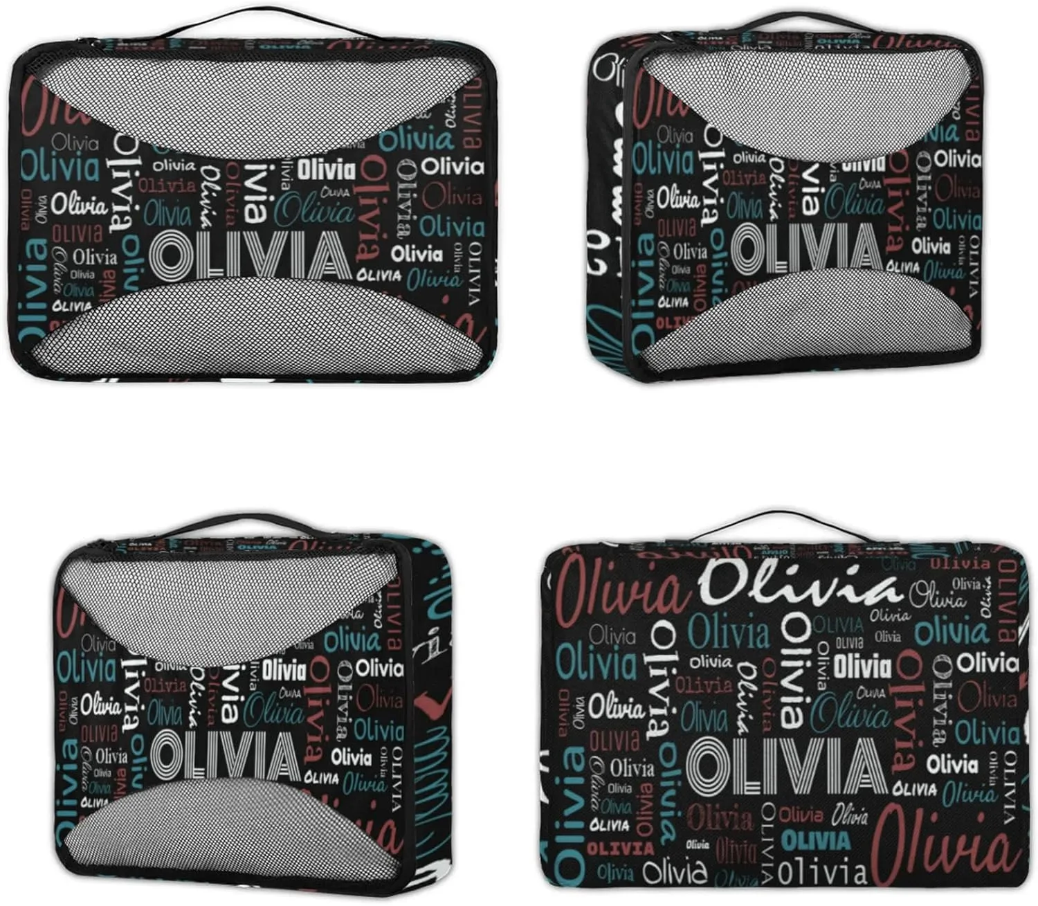 Personalized Packing Cube Set of 4 with Zipper, Custom Name Cubes Set for Women Grils, Travel Luggage Packing Organizers for Suitcases, Black Background