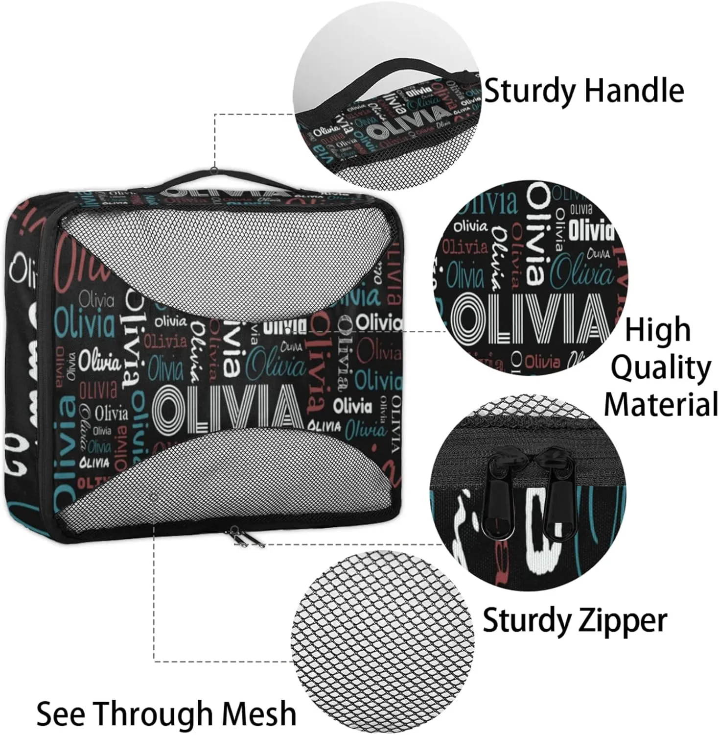 Personalized Packing Cube Set of 4 with Zipper, Custom Name Cubes Set for Women Grils, Travel Luggage Packing Organizers for Suitcases, Black Background