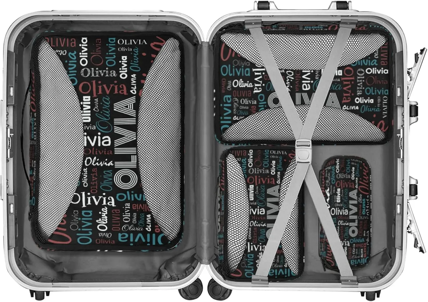 Personalized Packing Cube Set of 4 with Zipper, Custom Name Cubes Set for Women Grils, Travel Luggage Packing Organizers for Suitcases, Black Background