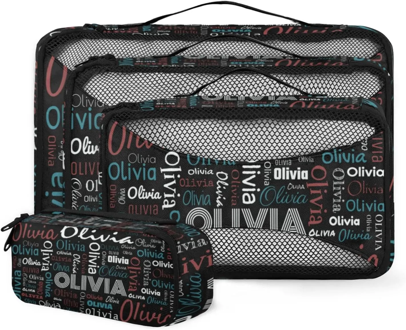 Personalized Packing Cube Set of 4 with Zipper, Custom Name Cubes Set for Women Grils, Travel Luggage Packing Organizers for Suitcases, Black Background