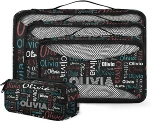 Personalized Packing Cube Set of 4 with Zipper, Custom Name Cubes Set for Women Grils, Travel Luggage Packing Organizers for Suitcases, Black Background