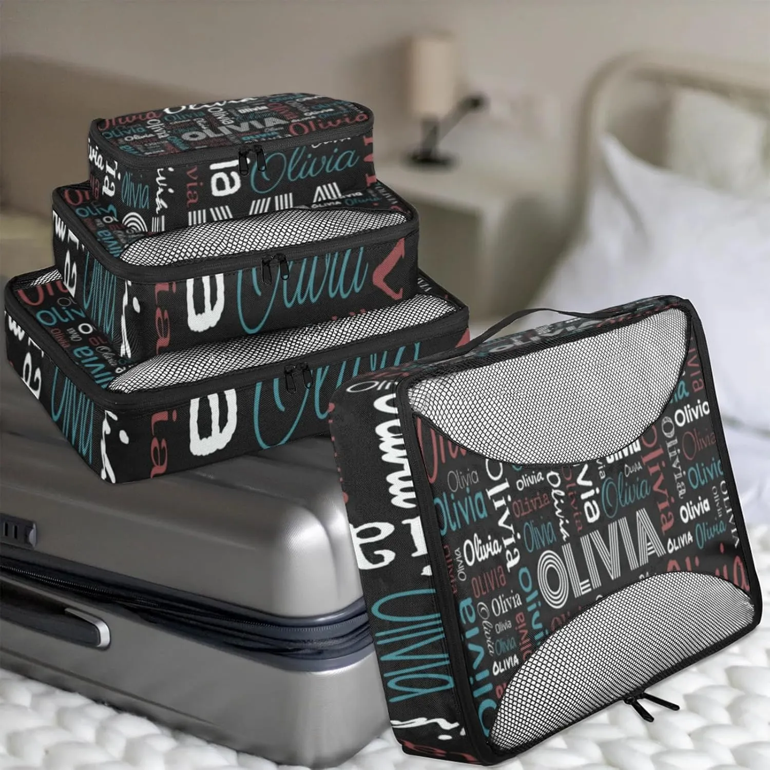 Personalized Packing Cube Set of 4 with Zipper, Custom Name Cubes Set for Women Grils, Travel Luggage Packing Organizers for Suitcases, Black Background