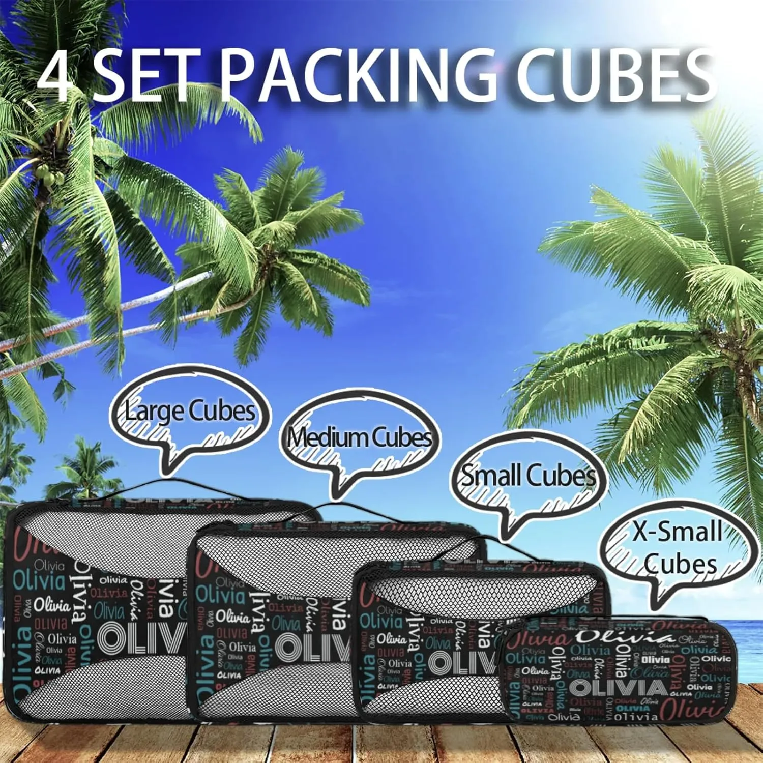 Personalized Packing Cube Set of 4 with Zipper, Custom Name Cubes Set for Women Grils, Travel Luggage Packing Organizers for Suitcases, Black Background