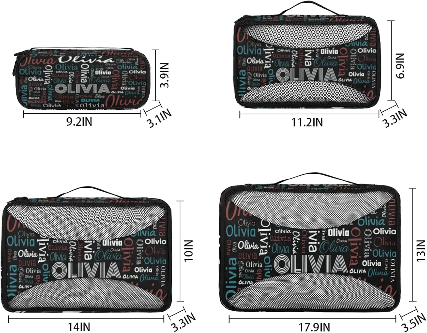 Personalized Packing Cube Set of 4 with Zipper, Custom Name Cubes Set for Women Grils, Travel Luggage Packing Organizers for Suitcases, Black Background