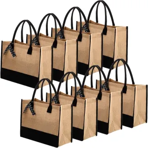 Peryiter 8 Pcs Black Burlap Tote Bag Set Jute Totes with Handles Large Reusable Burlap Grocery Bags with Polka Dot Ribbon for Bridesmaid Birthday Gift Travel Shopping DIY, 15.8 x 11.8 x 6.7 Inches