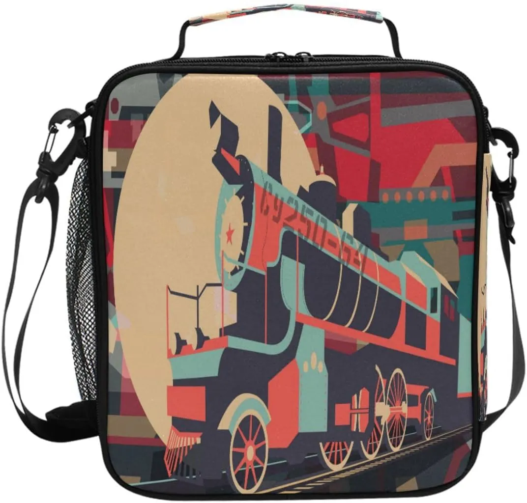 Pfrewn Retro Train Steam Locomotive Transport Lunch Box for Kids Insulated Lunch Bag Reusable Cooler Meal Prep Bags Lunch Tote with Shoulder Strap for Boys Girls School Office Adult
