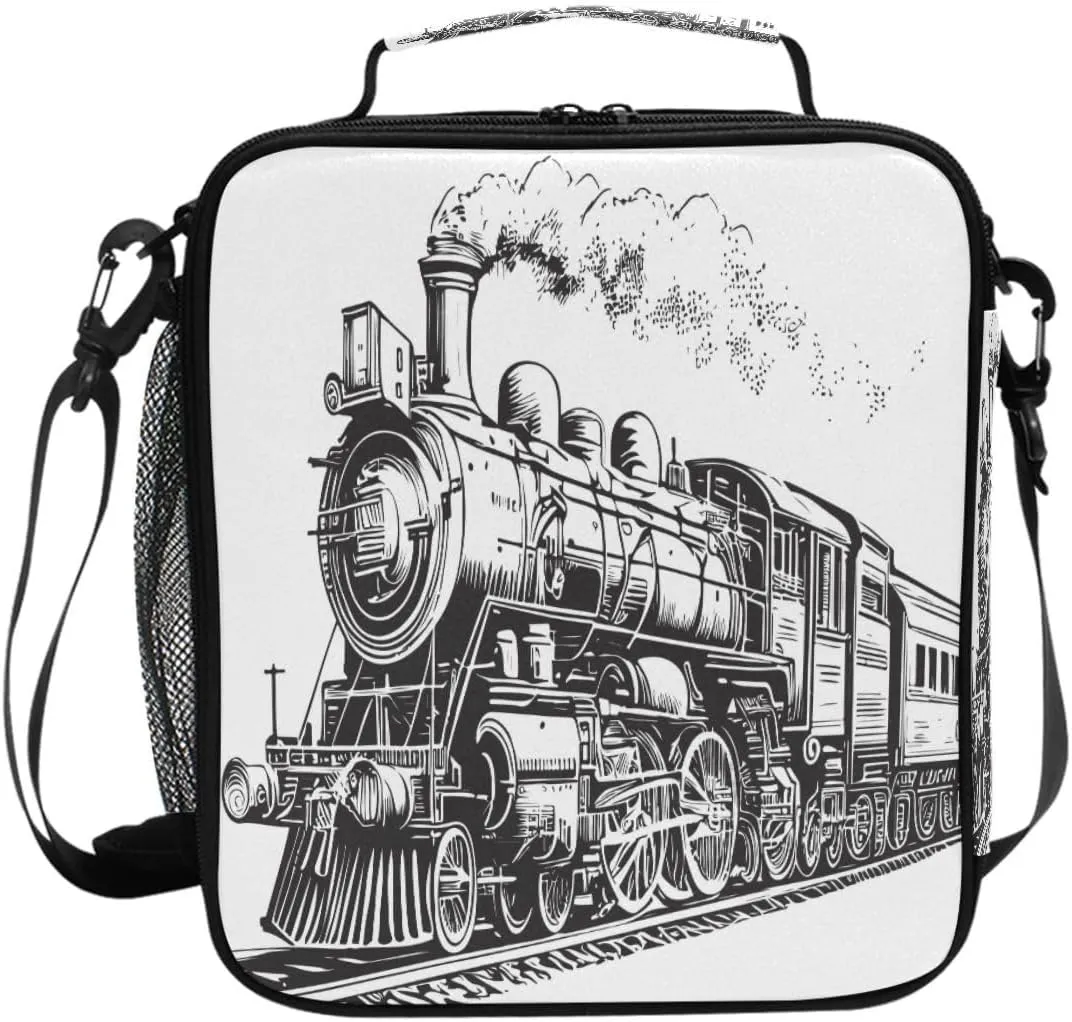 Pfrewn Train Steam Locomotive Transport Lunch Box for Kids Insulated Lunch Bag Reusable Cooler Meal Prep Bags Lunch Tote with Shoulder Strap for Boys Girls School Office Adult