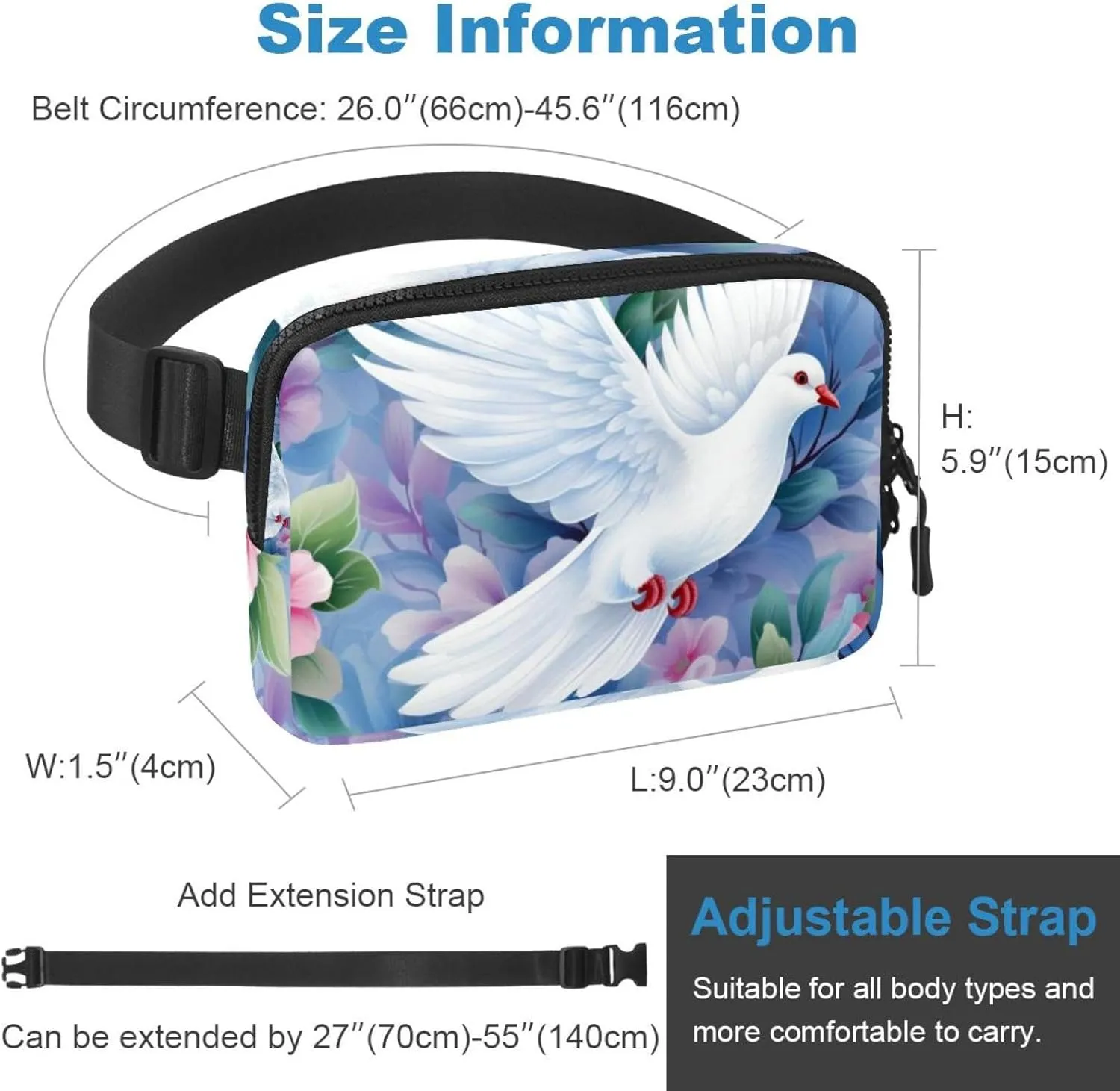 Pink Flower Dove Unisex Style Fanny Pack: Fashion Waist Packs, Crossbody Bags Sport Slim Fashionable for Jogging Hiking Hiker Woman Man