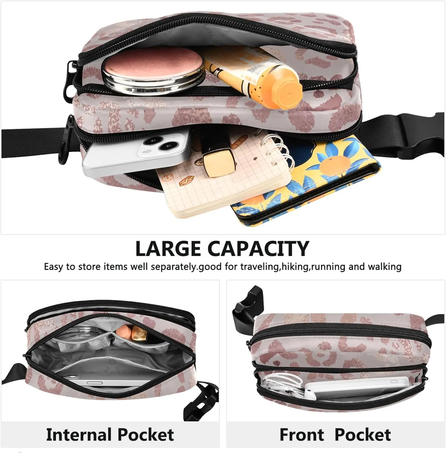 Pink Leopard Fanny Pack for Women Waterproof Belt Bags Hip Pack Cartoon Waist Pack for Women