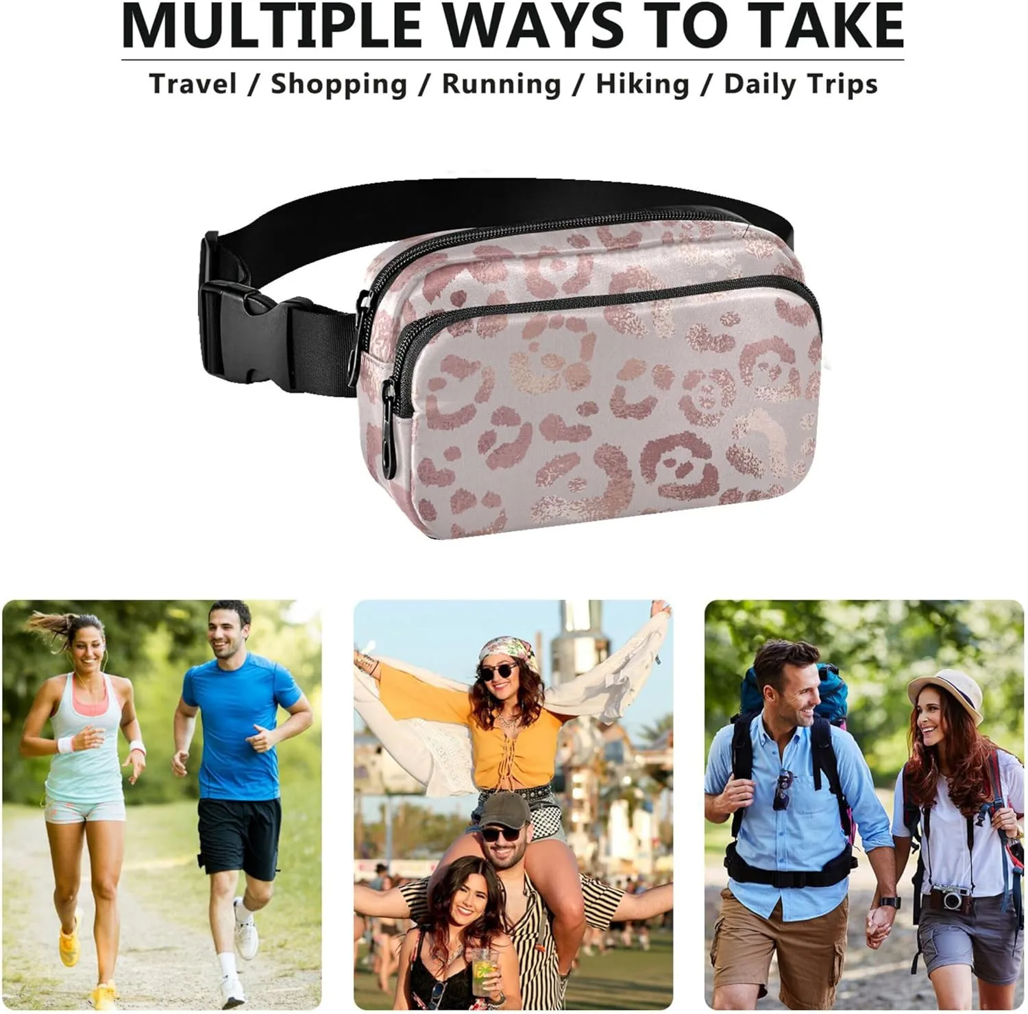 Pink Leopard Fanny Pack for Women Waterproof Belt Bags Hip Pack Cartoon Waist Pack for Women