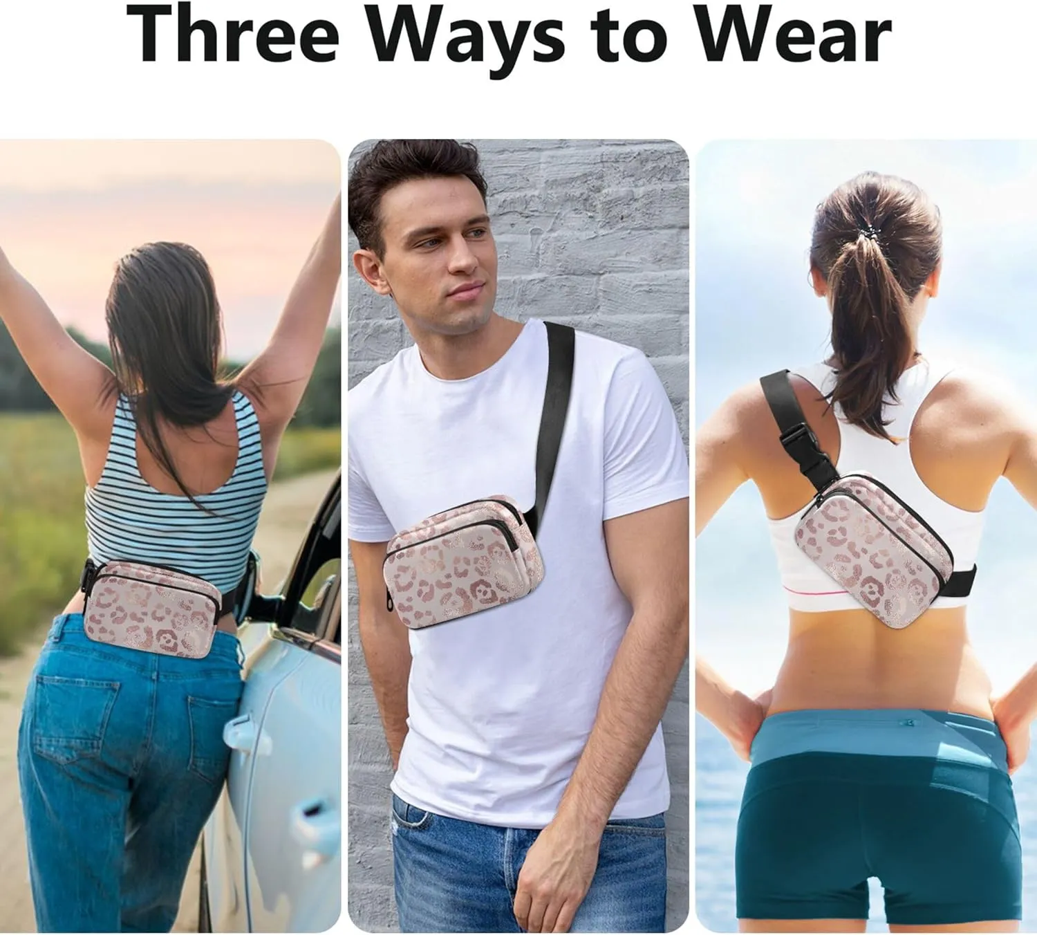 Pink Leopard Fanny Pack for Women Waterproof Belt Bags Hip Pack Cartoon Waist Pack for Women