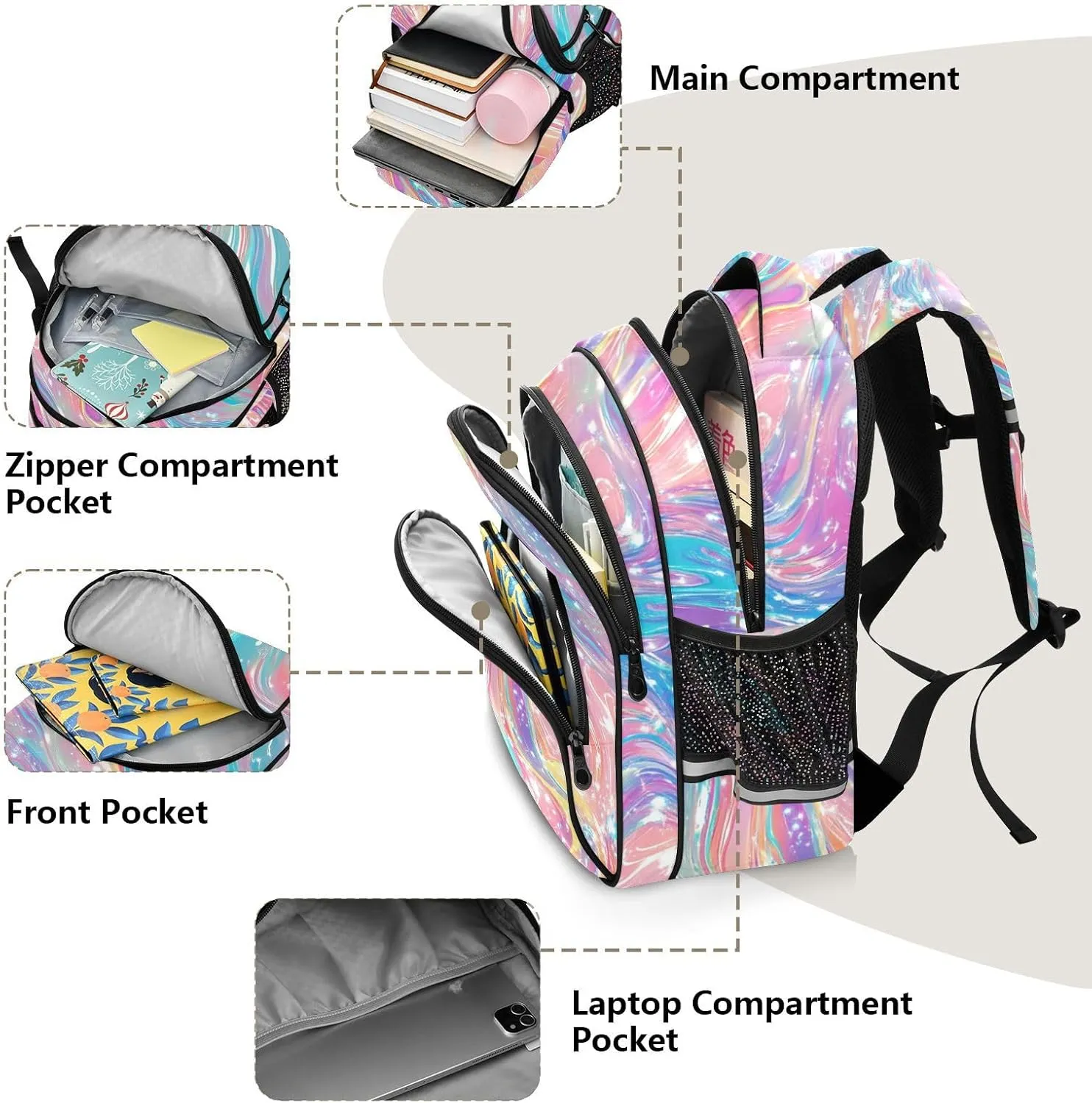 Pink Liquid Gradient Backpack Bookbag School Bag with Pockets for Kids Girls Boys Toddler Toddlers Small Bookbags Schoolbag Travel Ages 3-14