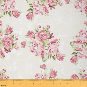 Pink Rose Floral Upholstery Fabric, Romantic Valentine's Day Decorative Fabric by The Yard, Natural Flower Green Leaves, DIY Art Indoor Outdoor, Craft Patchwork, Green Pink, 10 Yards